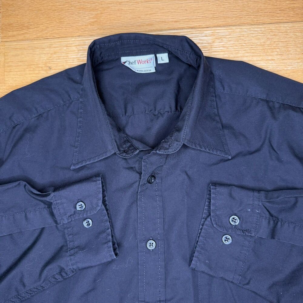 CHEF WORKS D-150 Men's Button Up Long Sleeve Dress Shirt Black L GUC Hospitality